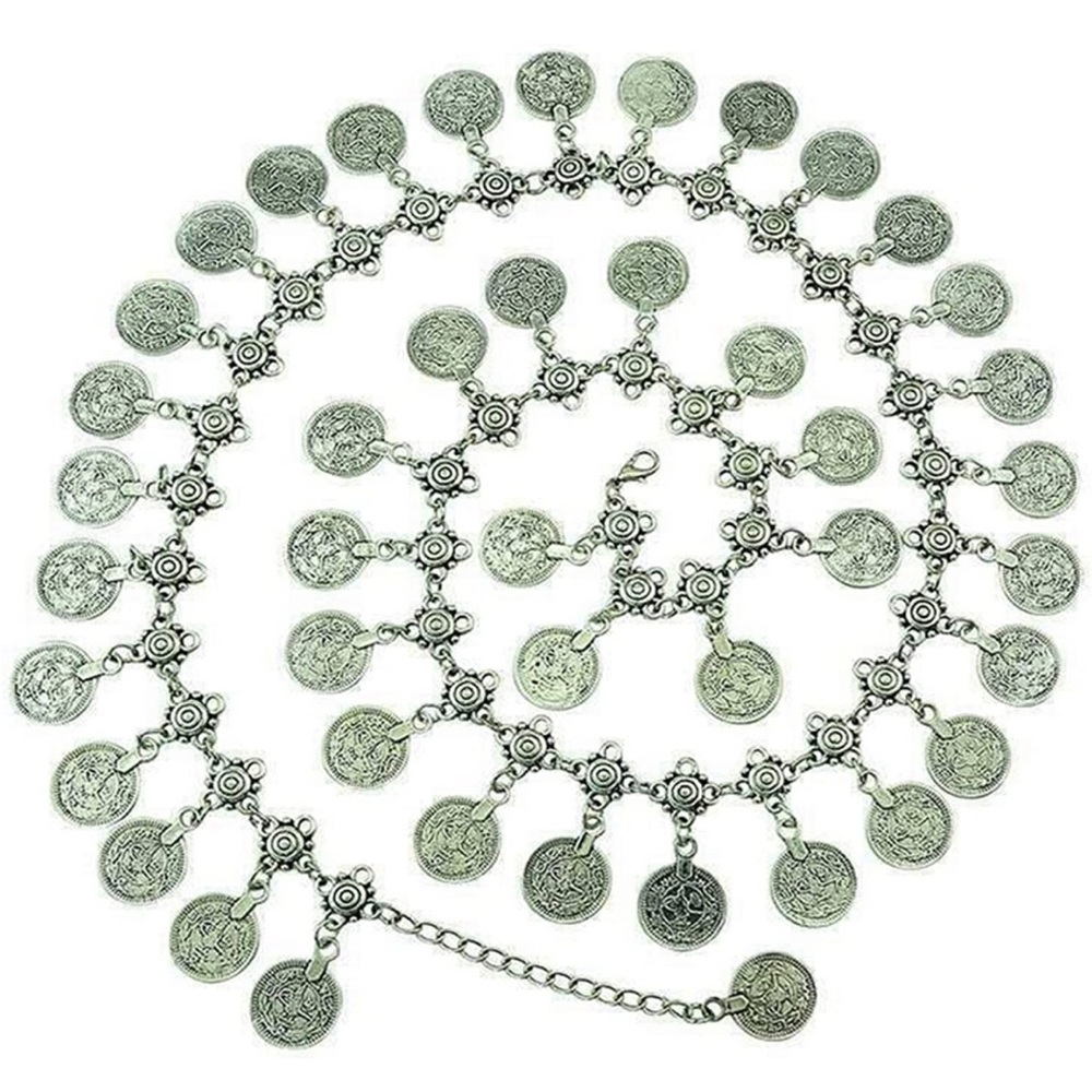 Silver plated coin belly dancing tassel waist chain belt gypsy bohemian hippie
